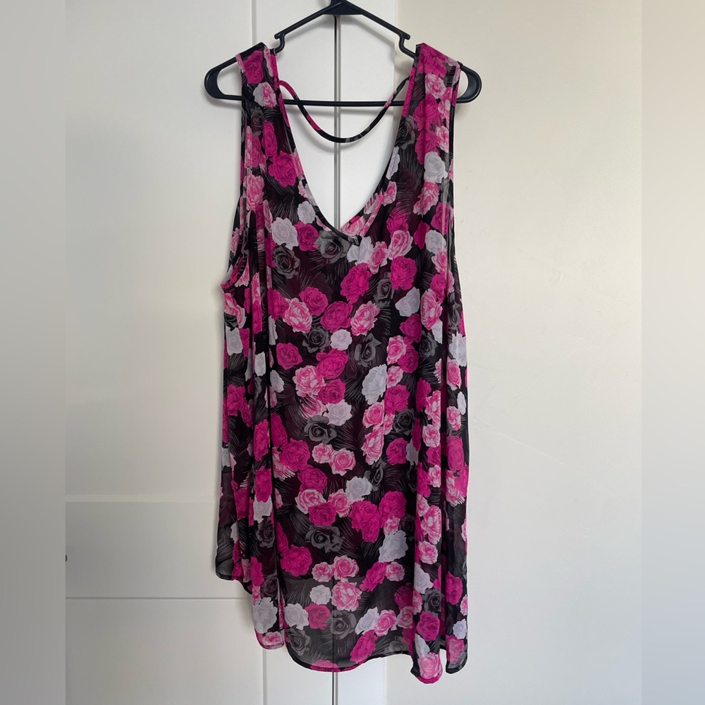 Sheer Pink/Black Floral Sleeveless Blouse